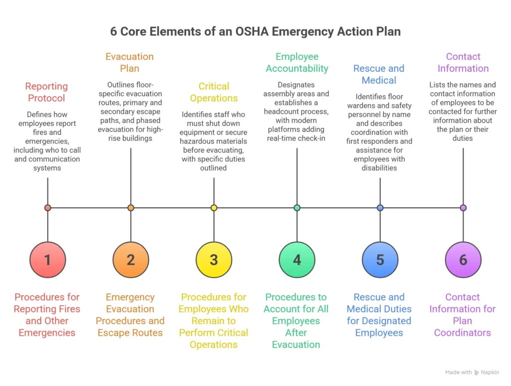 The six elements of an OSHA emergency action plan