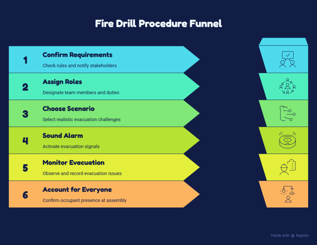 A chart of seven steps to conducting a fire drill