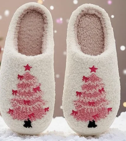 Cream fleece slippers with pink Christmas trees, a free giveaway for watching a demo at the Building Safety Solutions booth at IAEM 2026